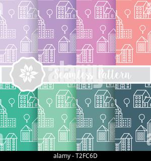 Set of city line urban building architecture seamless pattern tiles backdrop vector backgrounds for design illustration of presentation and creativity Stock Vector