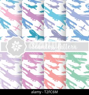 Set of retro airplane sky plane seamless pattern tiles backdrop vector backgrounds for design illustration of presentation and creativity Stock Vector