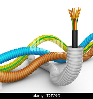 Electric cable and multi-colored flexible corrugated pipes. 3D visualization Stock Photo