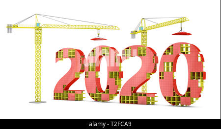 Two tower cranes building a volumetric figure of 2020. 3d render. Stock Photo