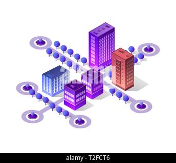 Violet set 3d futuristic isometric street neon design building on an smart city urban house of cityscape Stock Vector