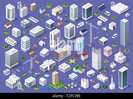 Set of urban 3d buildings of different colors for creativity and design, includes skyscrapers, houses, shops, offices, natural sites, trees, transport Stock Vector