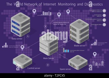 3d isometric computer power server system network technology of digital, information equipment hosting, database storage. Vector pc design illustratio Stock Vector