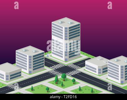 Vector isometric urban architecture building of modern city with street, skyscraper, and town, house. For business illustration and construction map s Stock Vector