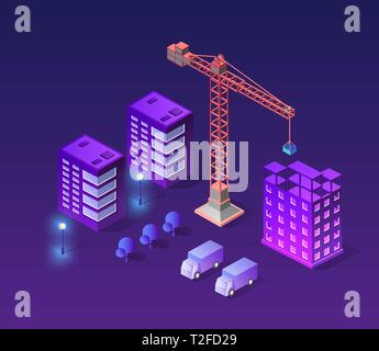 Industrial city building with construction cranes and town houses, a car made in perspective Stock Vector