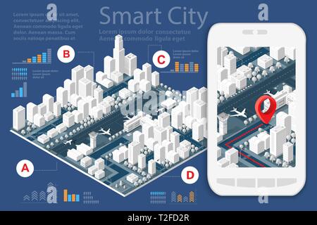 3d map isometric city of mobile navigator of location sign on street direction. Concept illustration of technology navigation for travel and business  Stock Vector
