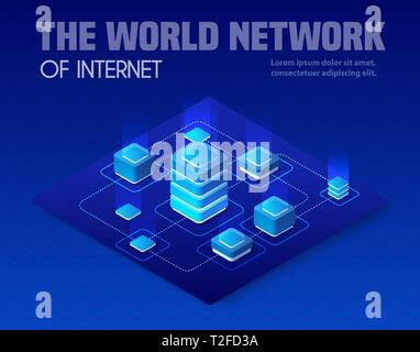 Isometric illustration of network technology of business strategy digital information. Set computers application data of marketing communication conce Stock Vector
