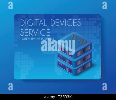 3d server network technology of connection data center computing farm. Cloud database computer datacenter. Vector modern networking electronic backgro Stock Vector