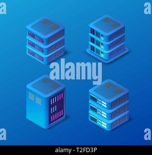3d server set network technology of connection data center computing farm. Cloud database computer datacenter. Vector modern networking electronic bac Stock Vector