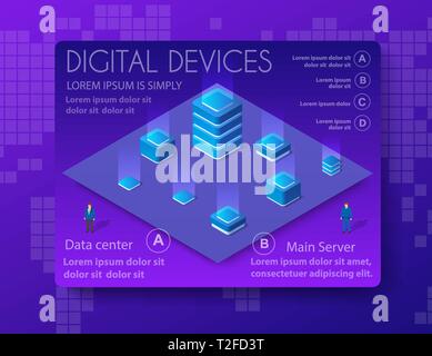 3d isometric computer power server system network technology of digital, information equipment hosting, database storage. Vector pc design illustratio Stock Vector