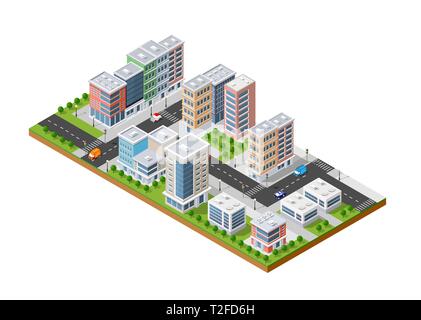 Isometric icon of a city with houses - Vector Isometric Urban Architecture Building Of The Modern City With Streets Skyscrapers And Town Houses For Business Illustration And Construction Map S T2fd6h 