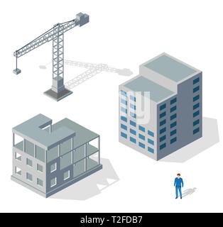 Crane industrial structure industry set of houses, prospector working construction site. Stock Vector