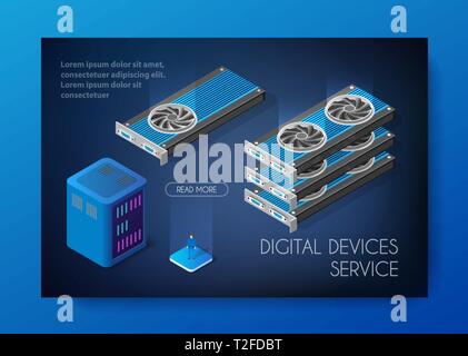 Videocard set of mining bitcoin on digital technology video cryptocurrency blockchain business. The component of electronic equipment high-tech indust Stock Vector