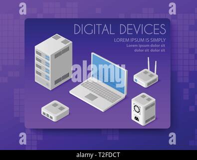 Isometric Personal Computer with a screen, and keyboard. PC personal laptop digital device business data concept digital technology. Stock Vector