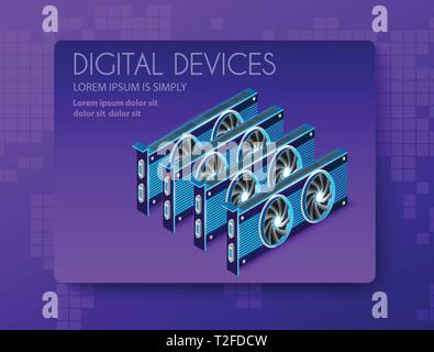 Videocard set of mining bitcoin on digital technology video cryptocurrency blockchain business. The component of electronic equipment high-tech indust Stock Vector