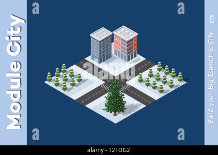Isometric Winter Christmas town with snow and trees Stock Vector