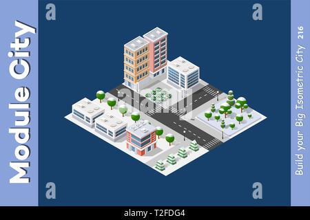 Isometric Winter Christmas town with snow and trees Stock Vector