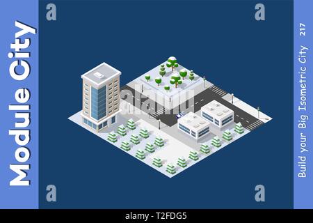 Isometric Winter Christmas town with snow and trees Stock Vector