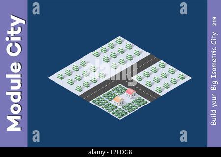 Isometric Winter Christmas town with snow and trees Stock Vector
