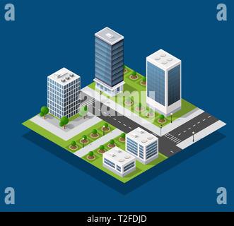Isometric city block and urban infrastructure of houses, streets and trees. Stock Vector