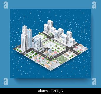 Christmas city isometric urban winter quarter in the snow and in snowflakes, snowstorms and the festive landscape of the New Year holidays Stock Vector