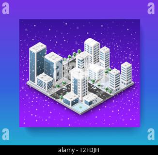 Christmas city isometric urban winter quarter in the snow and in snowflakes, snowstorms and the festive landscape of the New Year holidays Stock Vector