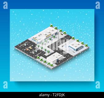 Christmas city isometric urban winter quarter in the snow and in snowflakes, snowstorms and the festive landscape of the New Year holidays Stock Vector