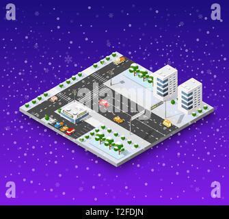 Christmas city isometric urban winter quarter in the snow and in snowflakes, snowstorms and the festive landscape of the New Year holidays Stock Vector