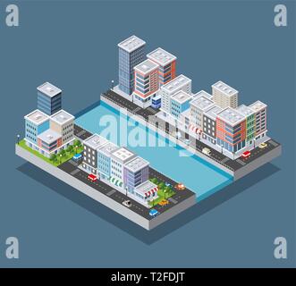 Isometric city block and riverbank embankment with buildings of houses ...