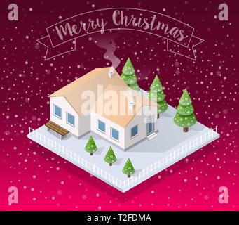 Isometric landscape snow-covered Christmas tree forest village in the snow winter holiday Stock Vector