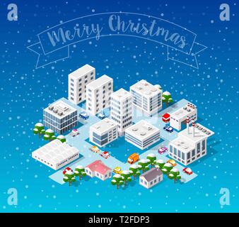 Winter Christmas landscape snow covered futuristic isometric city from smart business technology, digital modern concept background holiday Stock Vector