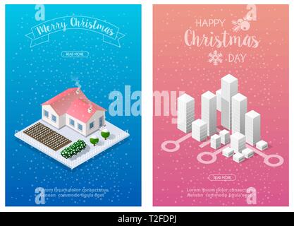 Winter Christmas landscape snow covered futuristic isometric city from smart business technology, digital modern concept background holiday Stock Vector