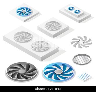 A set of isometric computer fans components, industrial equipment. Stock Vector