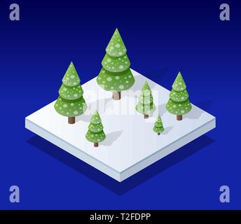 Snow covered isometric Christmas tree in the snow in winter holiday Stock Vector