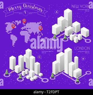 Winter Christmas landscape snow covered futuristic isometric city from smart business technology, digital modern concept background holiday Stock Vector