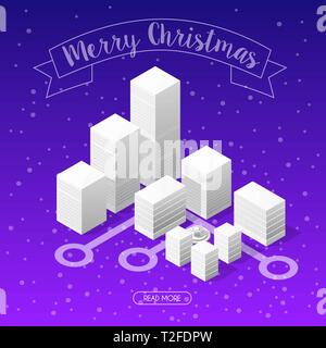 Winter Christmas landscape snow covered futuristic isometric city from smart business technology, digital modern concept background holiday Stock Vector