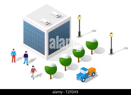 3d city on white design street town buildings modern urban house and skyscrapers. Vector isometric illustration of flat style for concept business bac Stock Vector