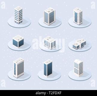 Winter Christmas landscape urban isometric city block in the snow-covered and snowflakes, snowstorms and festive of the New Year digital modern concept Stock Vector