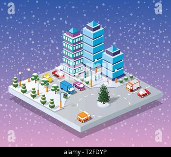 Vector isometric city buildings with cars and trees on the streets ...