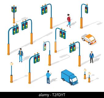 Set of city isometric traffic lights of signal street lights and urban lighting chandeliers Stock Vector