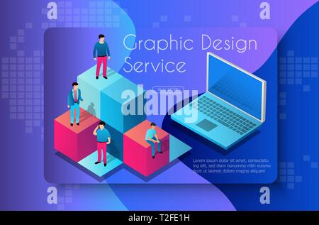 Graphic design service concept isometric computer and business partners people men women Stock Vector