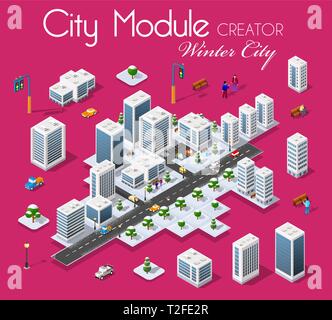 Vector isometric city buildings with cars and trees on the streets ...