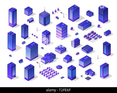 Set 3d ultraviolet architecture city from isometric urban building street skyscraper. Vector concept business violet modern digital illustration for b Stock Vector