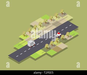 Isometric Seasons city with houses and streets with trees, fir and bushes. Season Spring time of the year. Conceptual vector illustration. Stock Vector