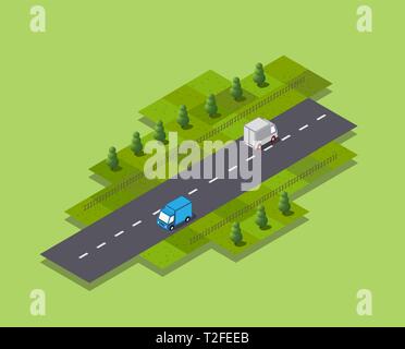 Isometric Seasons city with houses and streets with trees, fir and bushes. Season summer time of the year. Conceptual vector illustration. Stock Vector
