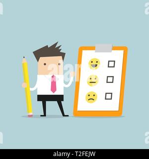 Businessman holding pencil and paper of checklist feedback on clipboard. Customer Evaluation. Feedback Emoticons. Stock Vector