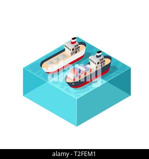 Isometric ship cargo container and tourist liner of the industrial port and tourist berths of boats with an illustration of the transport of goods and Stock Vector