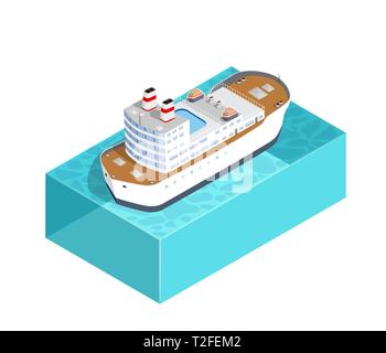 Isometric ship cargo container and tourist liner of the industrial port and tourist berths of boats with an illustration of the transport of goods and Stock Vector