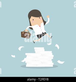 Businesswoman or manager jumping over obstacles. Large stack of documents. Stock Vector