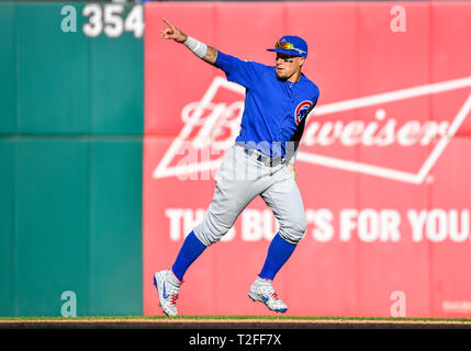 July 23, 2019: Chicago Cubs shortstop Javier Baez (9) signals after hitting  a first inning double, during a MLB game between the Chicago Cubs and the  San Francisco Giants at Oracle Park